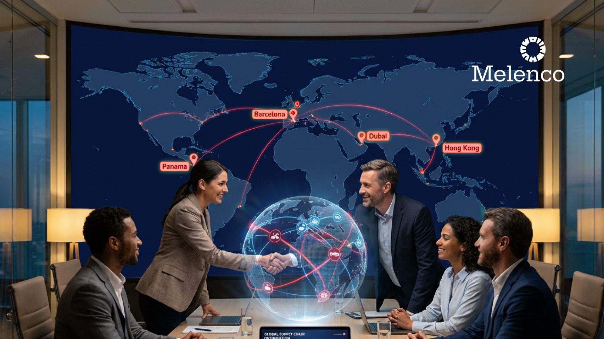 Global supply chain network with logistics operations and digital analytics, representing human expertise and AI-driven decision-making in modern SCM.